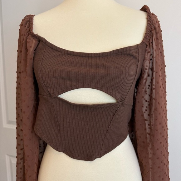 NWT Urban Outfitters Mirabel Puff Sleeve Cropped Blouse Chocolate Brown XXXL - Picture 4 of 9